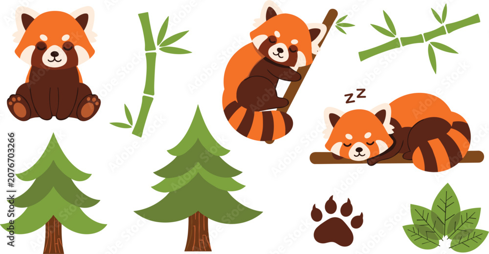 Naklejka premium Cute Cartoon Red Panda Icon Set Featuring Sitting, Climbing, and Sleeping Pandas with Bamboo, Pine Trees, Leaves, and Paw Print Vectors