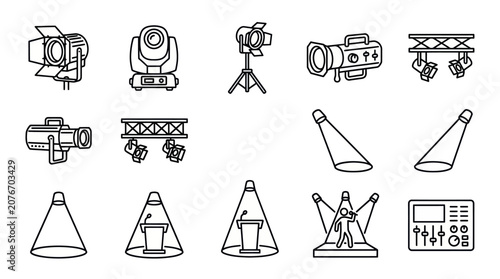 Stage lighting and event production equipment icon collection