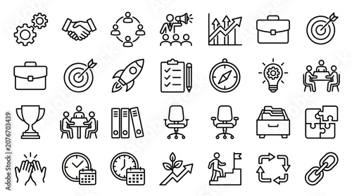 Startup and business innovation growth line icons