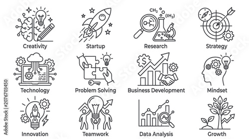 Startup mindset and data analysis icon set.
