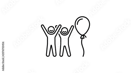 Stick figures celebrating success with a balloon icon.