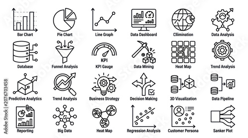 Statistical data visualization and market research icons.