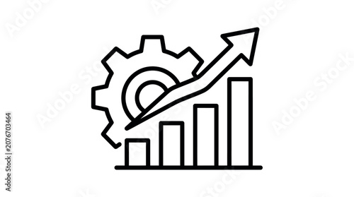 Strategic growth icon featuring bar chart and large gear
