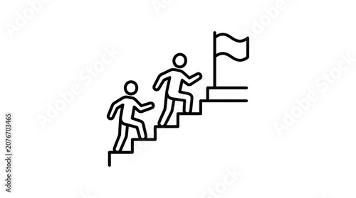 Stick figures climbing stairs to success and flag.