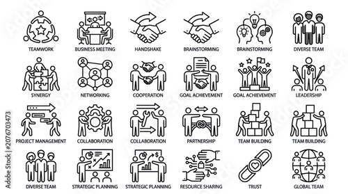 Strategic planning and team management outline icons.