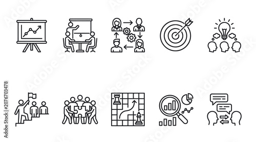 Strategic leadership and teamwork concept linear icon collection