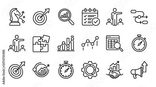Strategy and business performance optimization line icons set
