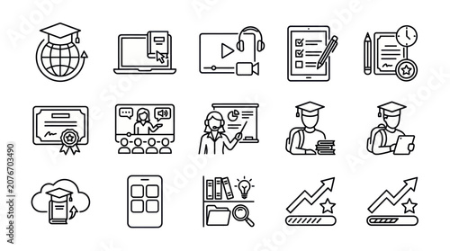 Student schooling and progress digital line icons.