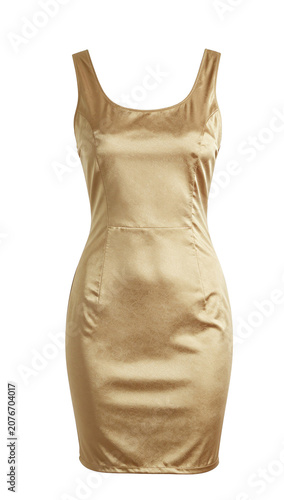 Headless female model wearing gold sequin gown