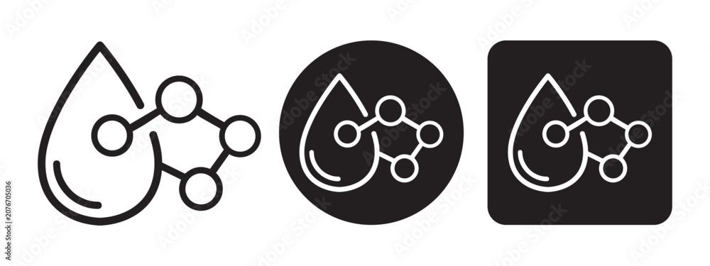 Fototapeta premium Water Drop with Molecular Structure Vector Icons in Black and White Line Art, Circle, and Rounded Square Formats.