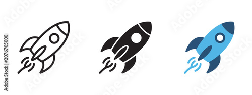 rocket launch icon set featuring startup success, business acceleration, innovation, marketing strategy and growth symbols for corporate design