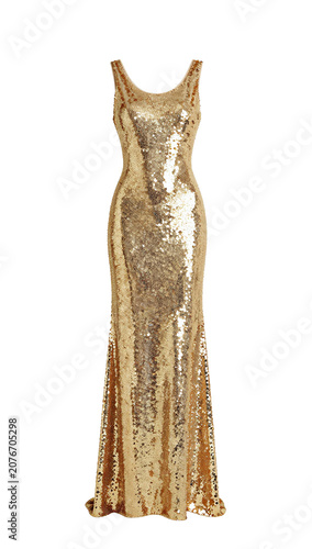 Headless female model wearing gold sequin gown