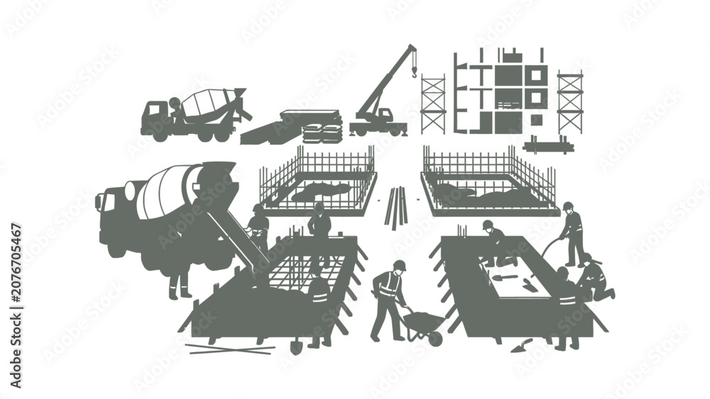 Obraz premium Construction Site with Workers, Cement Mixers, Crane and Building Elements