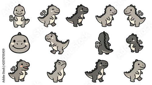 Slika na platnu Cartoon wind-up dinosaur toys in monochrome gray.
