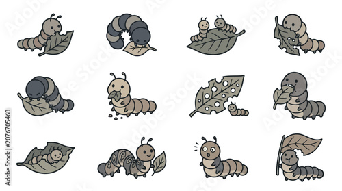 Photos Caterpillar larvae crawling on leaves in earth tones.