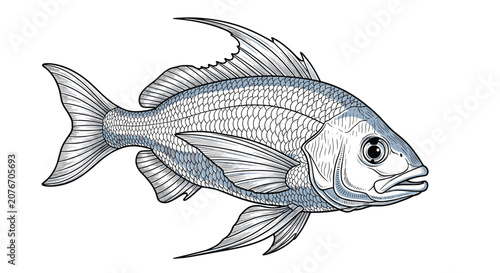 Detailed scientific illustration of a fish showing scales fins and gills in a classic black and white line drawing.