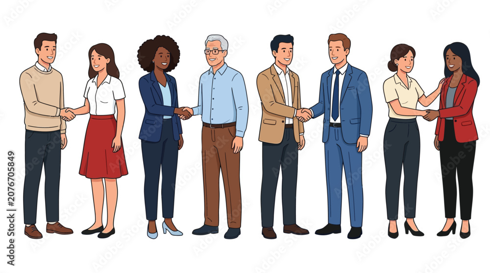 Fototapeta premium Diverse group of professional business people shaking hands in this colorful flat vector graphic illustration