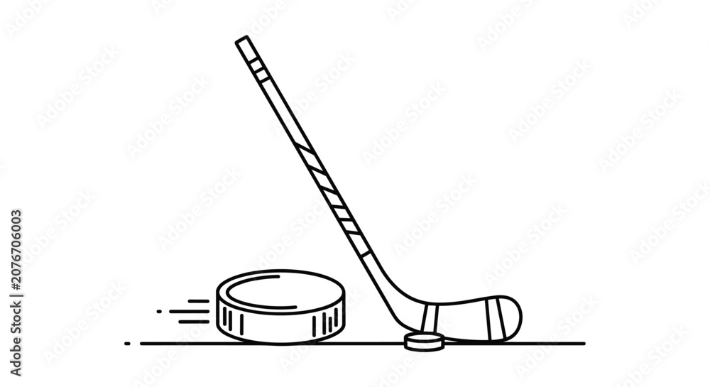 Obraz premium Simple line art illustration of a hockey stick hitting a puck in motion across the ice for sports and fitness themes.