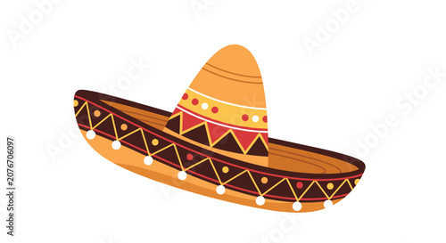 Traditional colorful Mexican sombrero hat with a tall crown and decorative patterns in warm yellow, orange, and red tones.