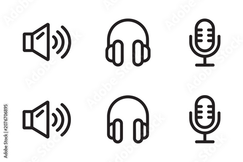 speaker, headphones and microphone icon set in simple black outline style for audio, music, podcast and communication vector illustration