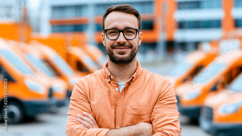 Confident man in orange shirt standing in front of delivery vans, showcasing modern logistics and transportation.