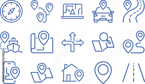 Quadro su tela Collection of blue navigation and location icons representing maps routes and tr