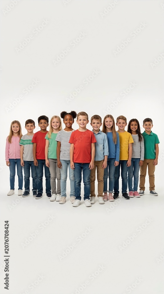 Obraz premium Large group of diverse children standing in formation against white background. Multi-ethnic kids smiling together. Vertical portrait of childhood diversity and unity