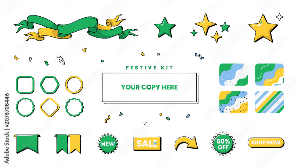 Naklejka premium A festive kit with ribbons, stars, sale tags, and graphic elements for design.