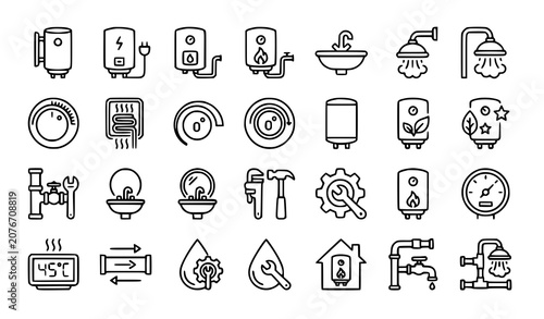 Geyser Water Heater Outline Icon Set Editable Stroke Appliance Vector Collection