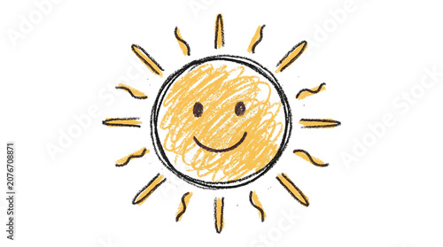 Happy Sun Face Doodle Crayon Scribble Hand Drawn Sticker Illustration Isolated