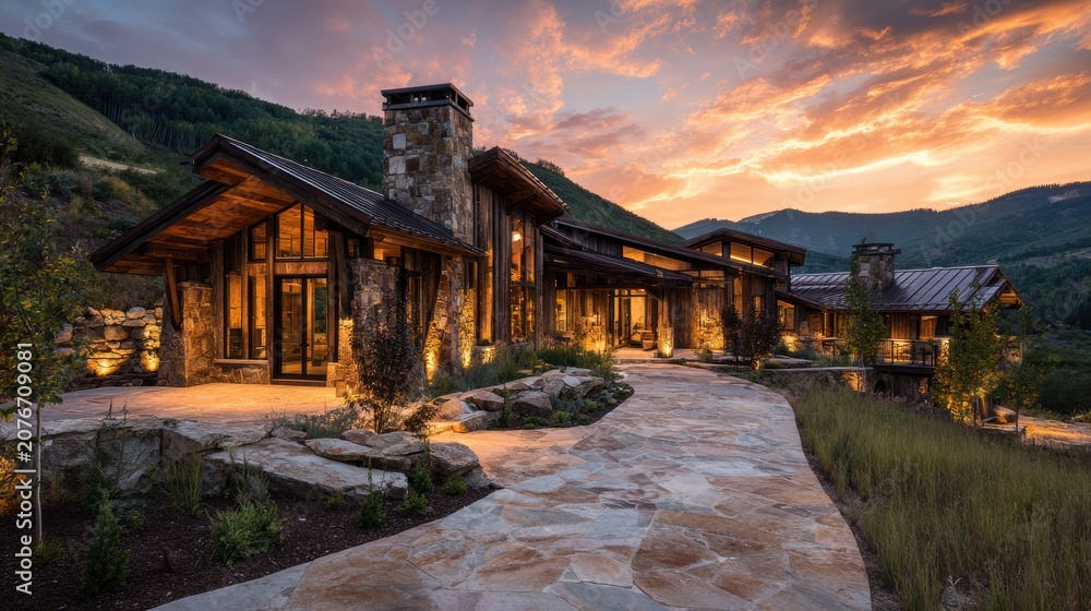 Fototapeta premium Luxurious Mountain Home with Rustic Architecture and Warm Lighting at Sunset