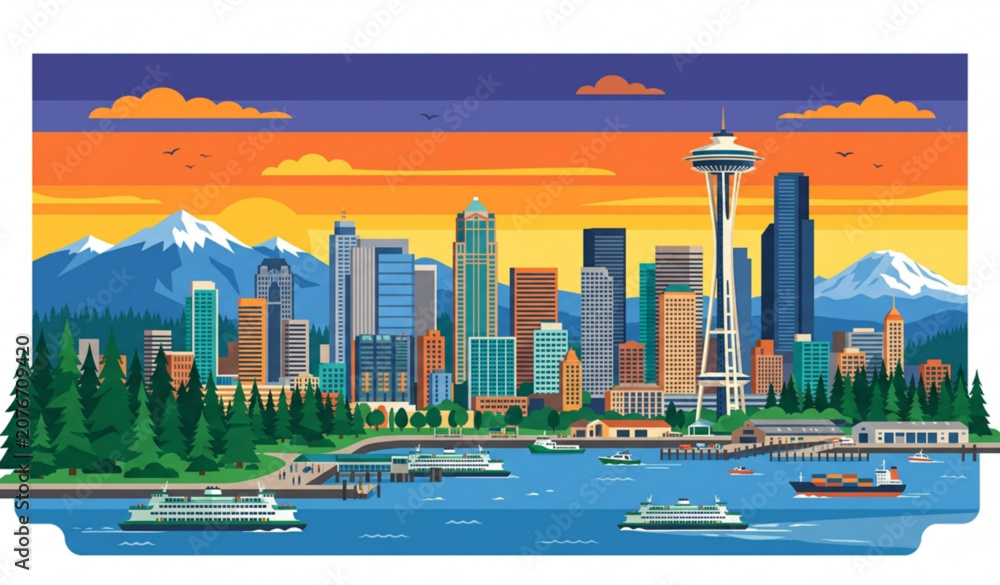 Fototapeta premium Seattle Skyline at Sunset Washington USA Cityscape Vector Illustration