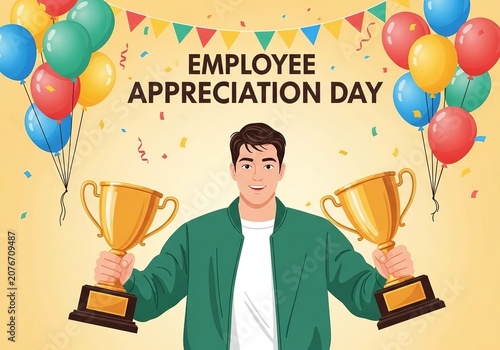 Man proudly holding two golden trophies celebrating employee appreciation day with balloons and confetti
