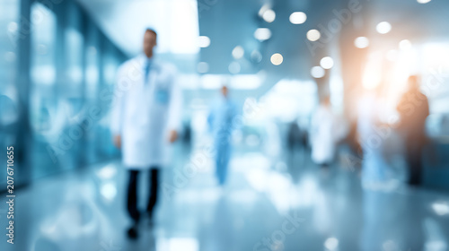 Out of focus image depicting medical professionals in a modern hospital setting, emphasizing healthcare and teamwork.