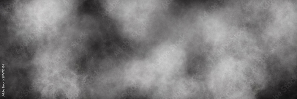 Fototapeta premium Panoramic monochrome smoky fog texture. Wide panoramic background of swirling grey and black smoke or mist