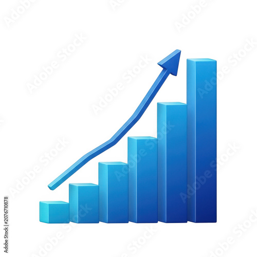 Blue upward trend arrow on bar chart graph icon vector illustration isolated on transparent background