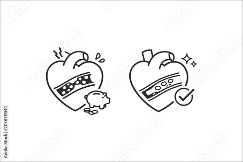 Blocked Artery to Healthy Circulation Heart Care Outline Vector Illustration