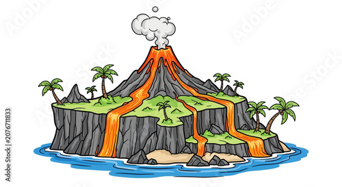 Φωτογραφία Cartoon illustration of an erupting tropical volcano with lava flowing into the