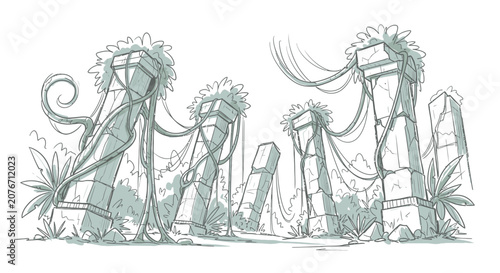 Ancient jungle ruins overgrown with vines and foliage.