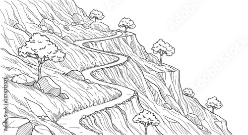 Φωτογραφία Winding mountain path with lone trees on a craggy landscape.