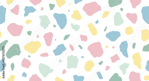 Seamless pastel terrazzo pattern with abstract colorful shapes on white background