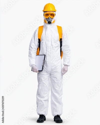 Person wearing full protective hazmat suit, yellow hard hat, respirator mask, and gloves, holding a clipboard, standing against a white background.