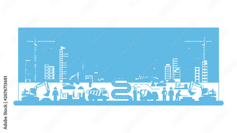 Obraz premium Construction Site Panorama with Cranes Excavators and Workers