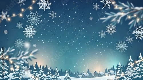 Winter landscape featuring snowflakes, twinkling lights, and a cozy village scene at dusk