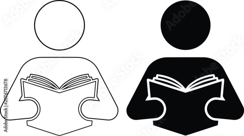Tableau sur toile Person reading book icon set with solid and outline versions.