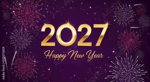 Happy new year 2027 greeting card with golden numbers and glowing purple fireworks