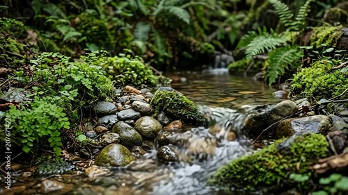 Serene forest stream flowing over smooth stones, surrounded by lush green ferns and moss