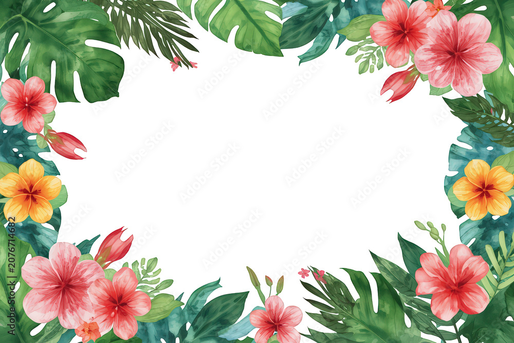 Fototapeta premium Tropical watercolor bordering frame with exotic monstera leaves, hibiscus flowers, and palm fronds, transparent background