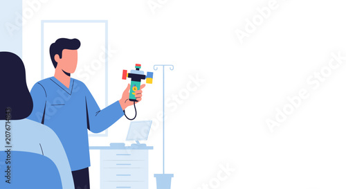 Doctor in clinic demonstrates handheld AI diagnostic tool to patient, showcasing modern healthcare technology and medical innovation.