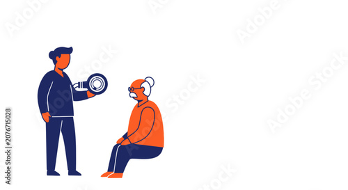 Doctor using handheld AI diagnostic tool to examine elderly patient in clinic, modern healthcare technology concept